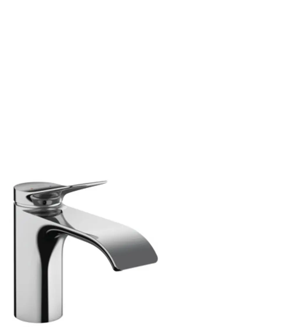 Chromfarbener Einhebel-Waschtischmischer von Hansgrohe mit flacher Auslauföffnung und Zugstangen-Ablaufgarnitur, auf einem weißen Hintergrund präsentiert.